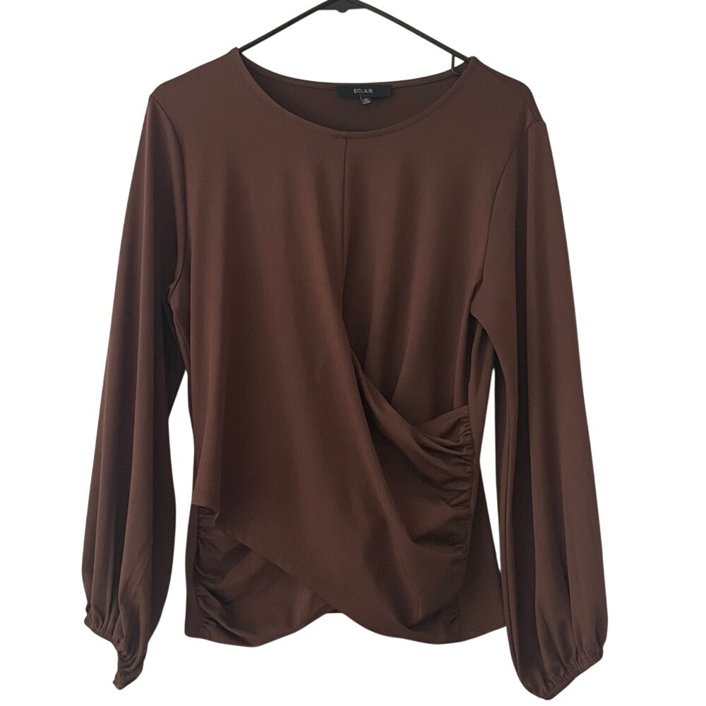 Eclair Brown Long‎ Sleeve Faux Wrap Ruched Top Medium TSC6727-02